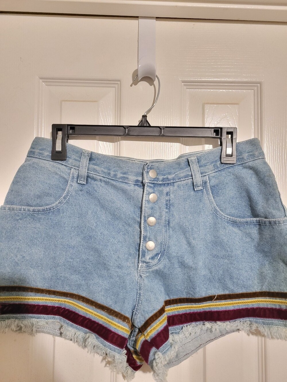 Michael G Denim Shorts Raw Hem And Velvet Stripe Detailing